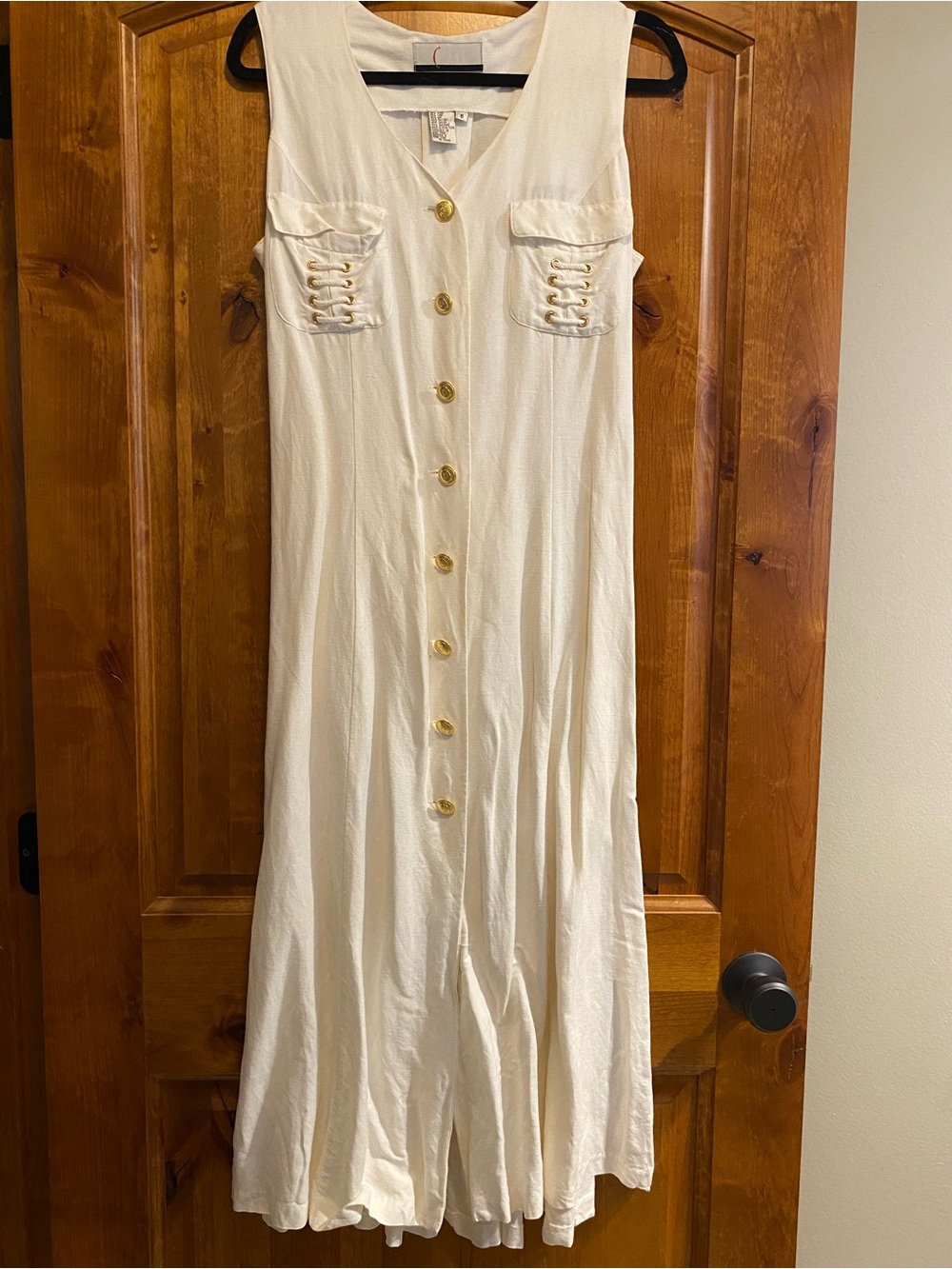 Vintage Class Ivory Linen Button Down Sailor Gold Button Sleeveless Midi Dress
